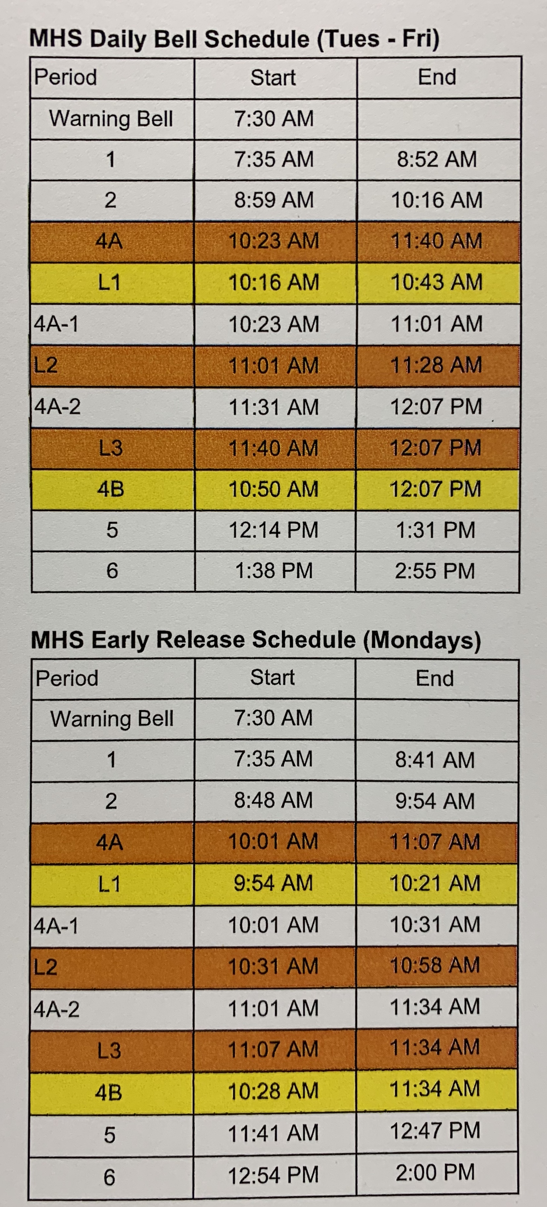 MHS Bell Schedule 2020 (updated 8-25-2020)