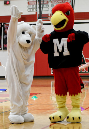 Special Olympics polar plunge mascot with Red Hawk mascot