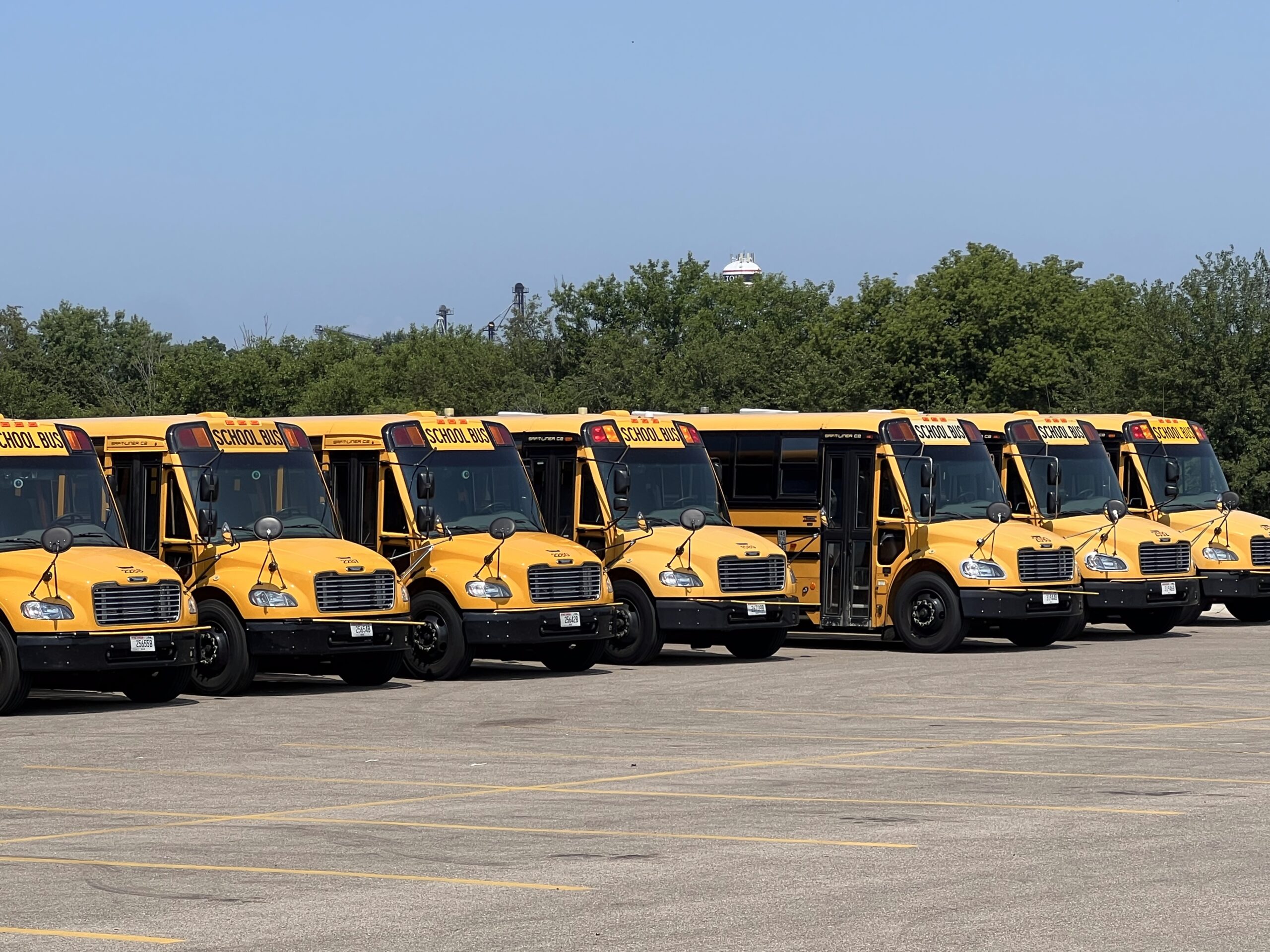 several school buses parked on an angel in a parking lot, the Milton water tower is visible in the background