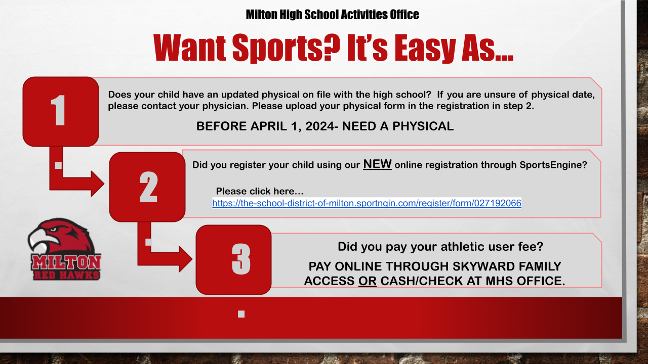 want sports Want sports? Graphic shows that registering for sports is as easy as 1, 2, 3. The graphic includes a link directly to atletic registartion and a reminder to have an up to date physical on file with the District